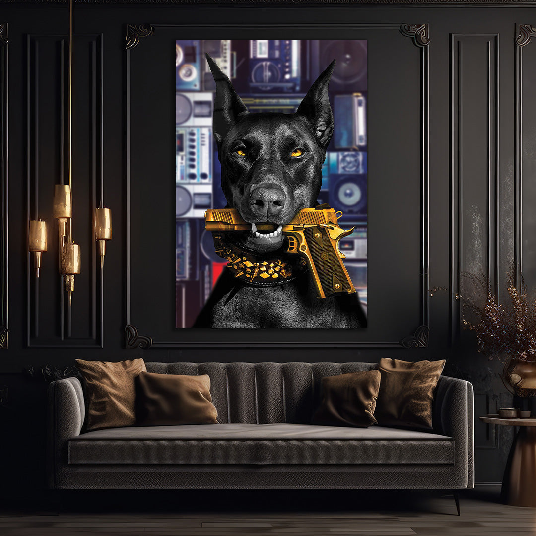 Dog Holding a Gun with Vintage Tape Recorders in the Background Glass Wall Art