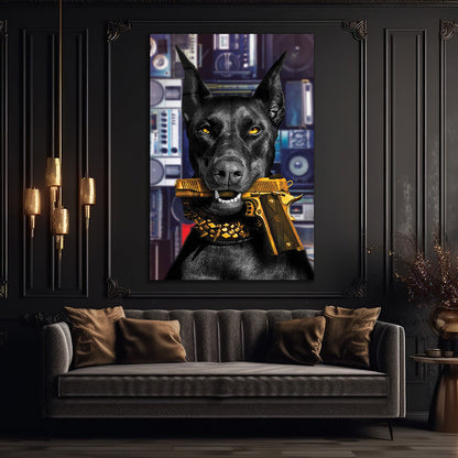 Dog Holding a Gun with Vintage Tape Recorders in the Background Glass Wall Art