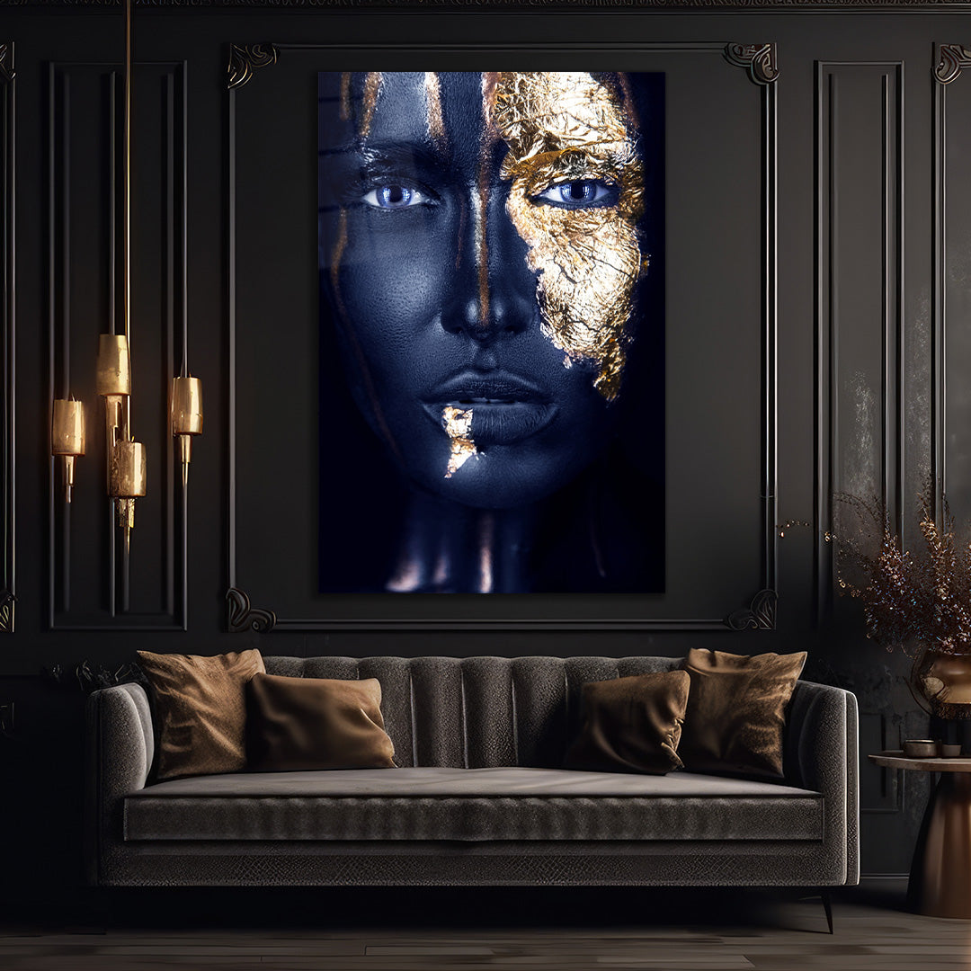 Abstract Portrait with Gold Accents Glass wall art