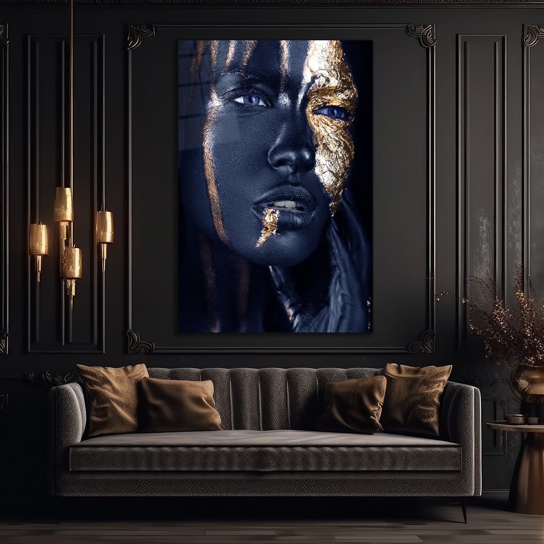Abstract Portrait with Gold Accents Glass wall art