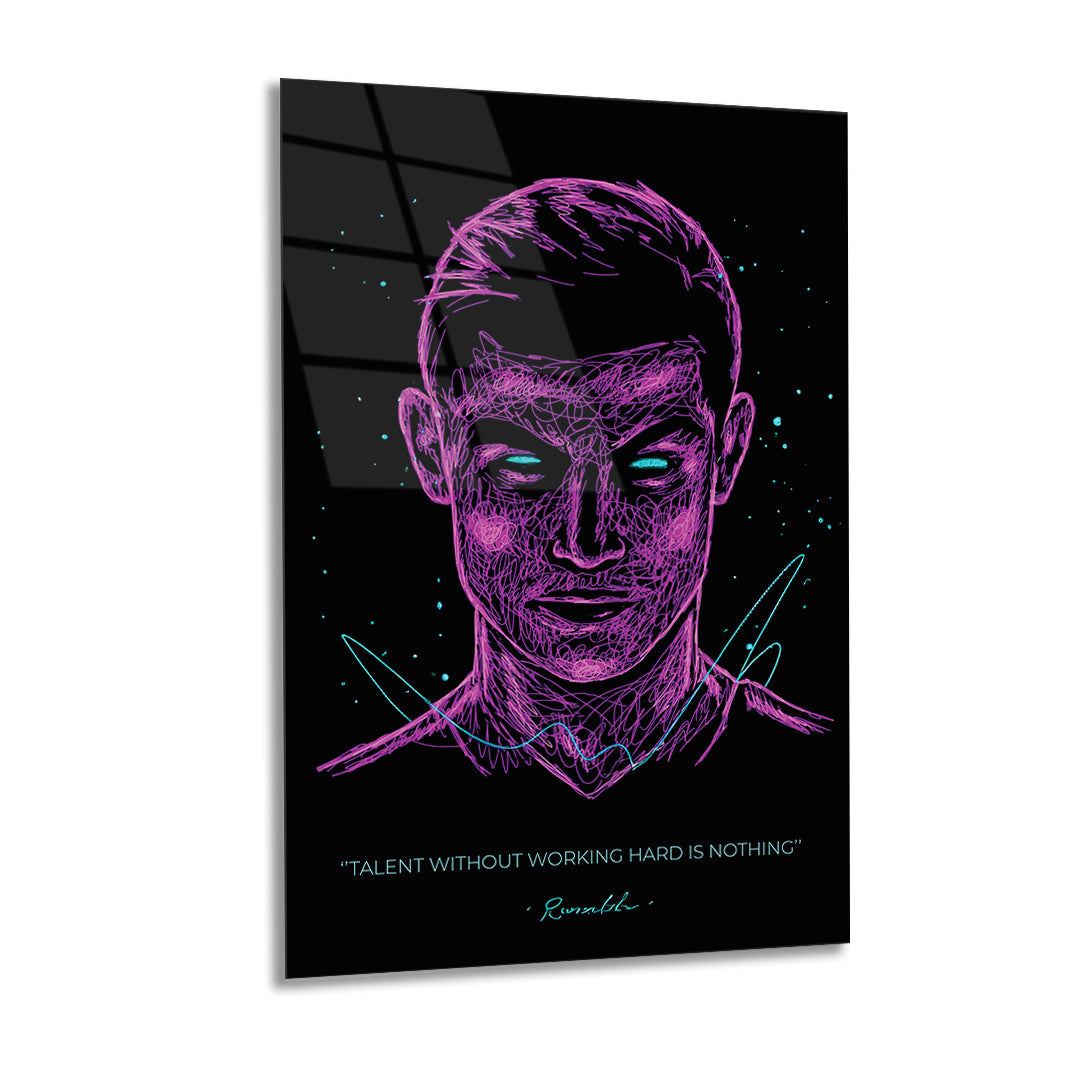 Ronaldo Neon Digital Portrait and Motivational Quote Glass Wall Art