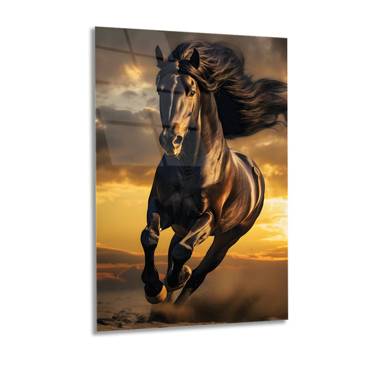 Running Horse in Sunset Background Glass Wall Painting