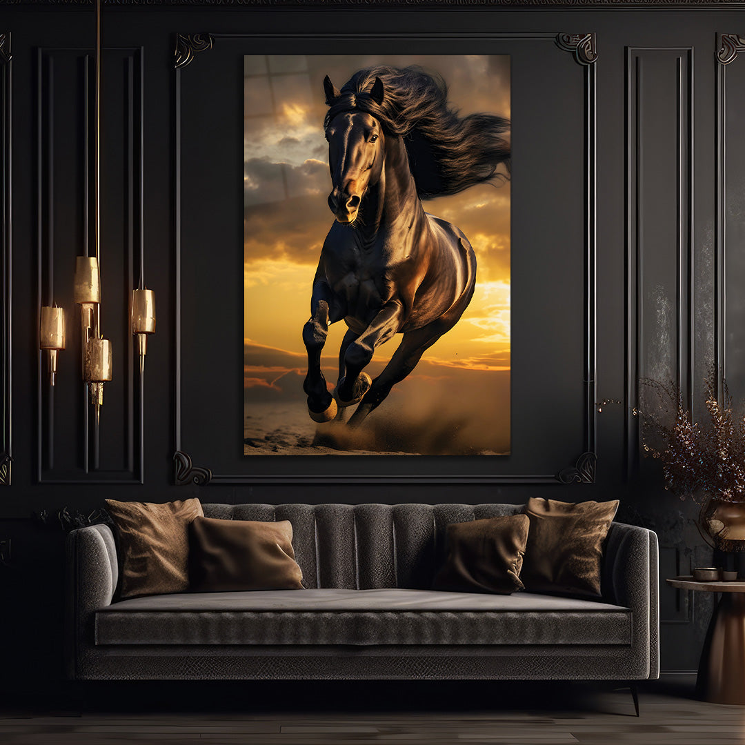 Running Horse in Sunset Background Glass Wall Painting