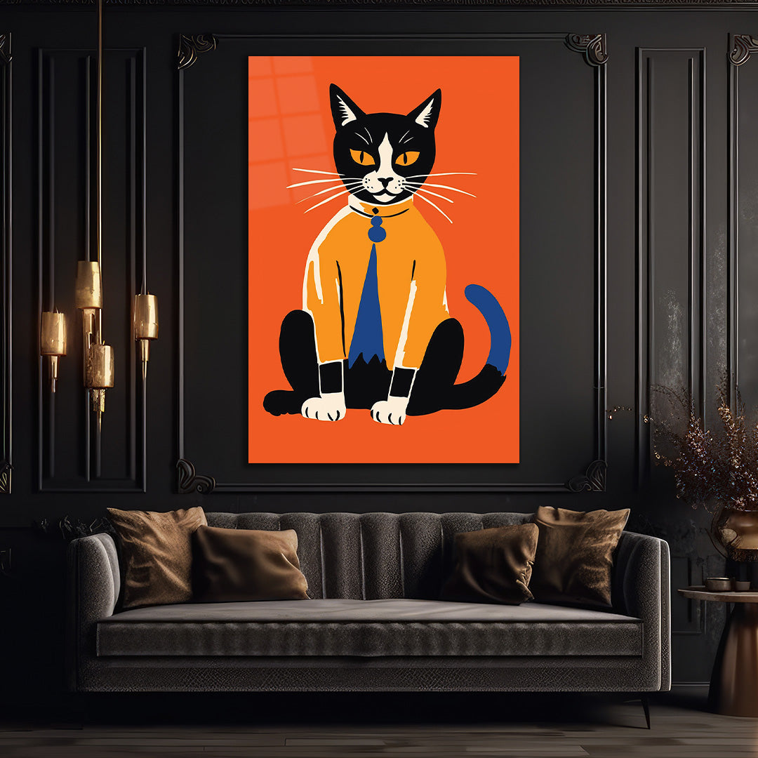 Orange Background Cat Glass Wall Art